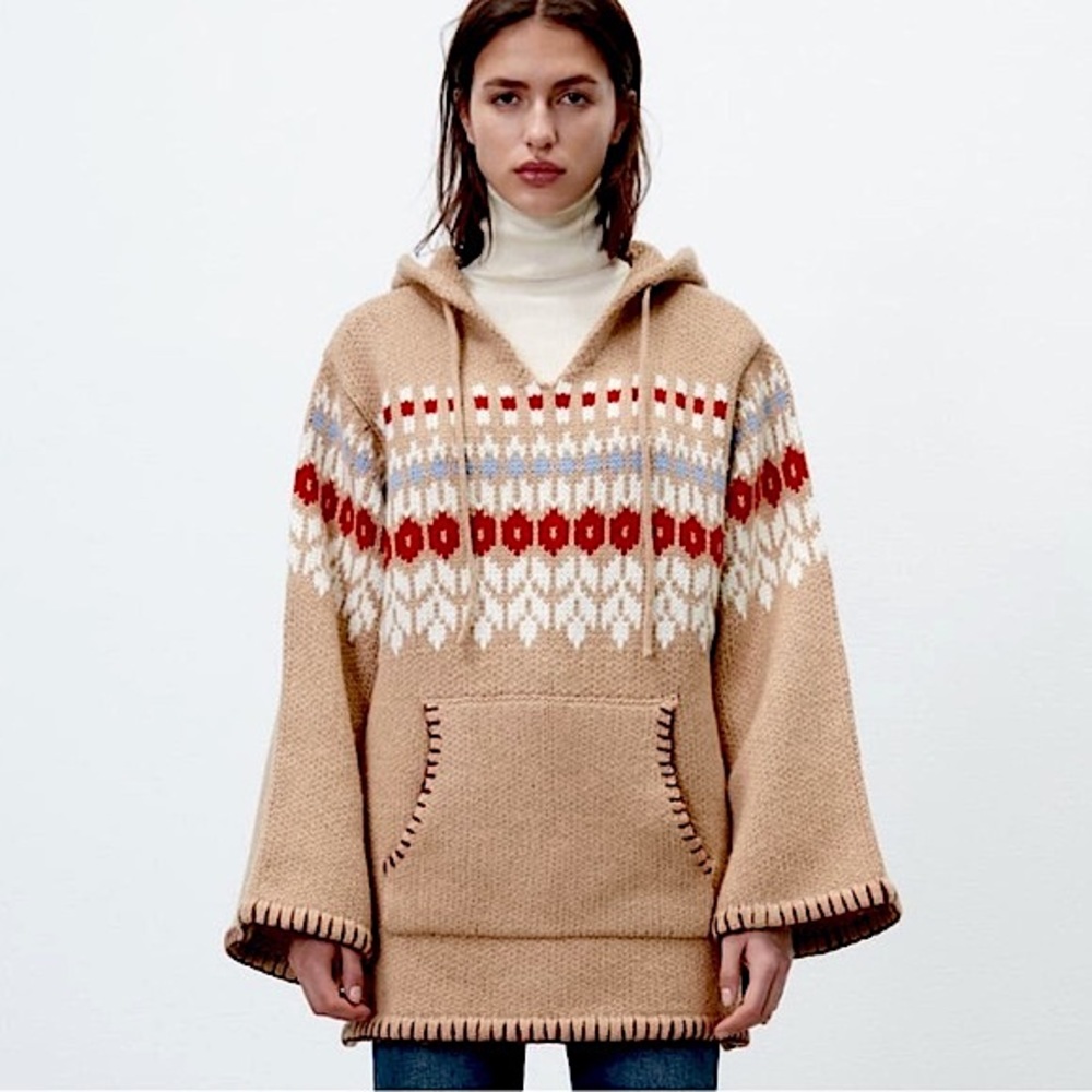 Zara Wool Blend Jacquard Knit Oversized Poncho Sweater Sz. Medium *BLOGGER FAVE*